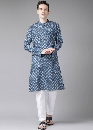 Blue Printed Mens Cotton Kurta Pajama