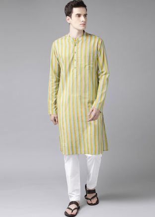 Yellow Stripes Printed Mens Kurta Pajama