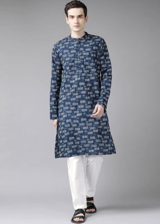 Readymade Blue Printed Kurta Pajama In Cotton