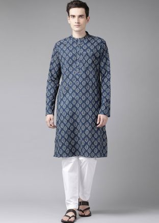 Blue Mens Kurta Pajama In Printed Work