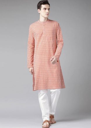 Peach Printed Mens Kurta Pajama Set