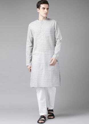 Mens White Printed Kurta Pajam Set In Cotton