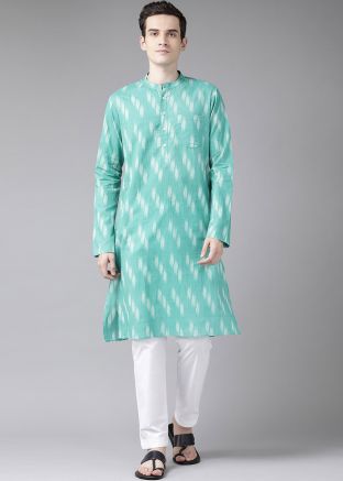 Turquoise Printed Mens Kurta & Pajama Set