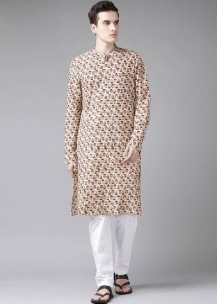Beige Printed Mens Kurta Pajama Set In Cotton