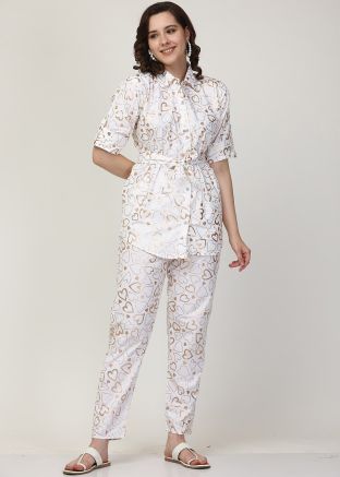 White Printed Co-ord Set In Cotton