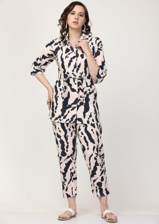 Cream Printed Co-ord Set In Cotton