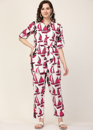 Cream Printed Co-ord Set In Cotton