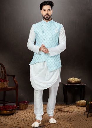 Off White Cowl Style Kurta Pajama & Nehru Jacket