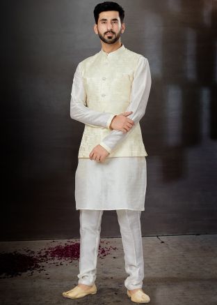 Off White Kurta Pajama With Woven Nehru Jacket