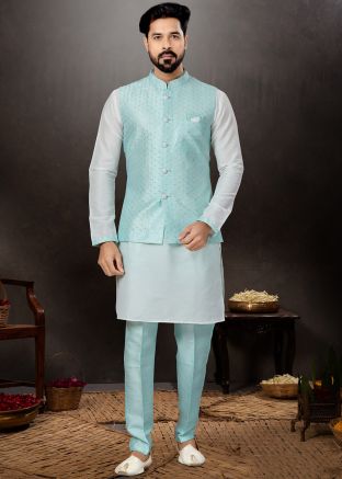 Off White Kurta Pajama & Embroidered Nehru Jacket