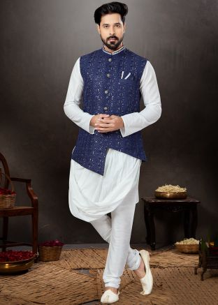 Off White Mens Kurta Pajama & Embroidered Nehru Jacket
