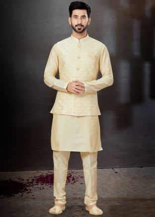Golden Mens Kurta Pajama & Woven Nehru Jacket