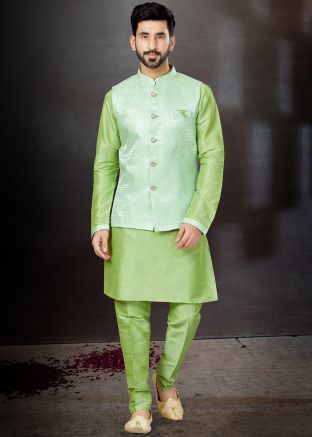Green Kurta Pajama & Woven Nehru Jacket For Men
