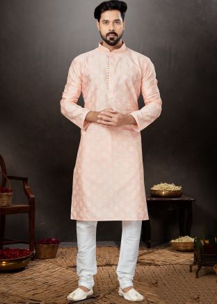 Pink Silk Printed Mens Kurta Pajama Set