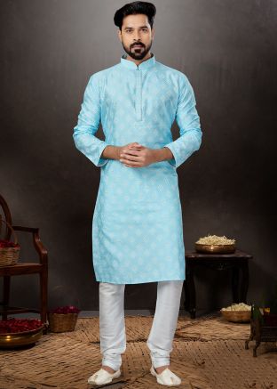 Blue Readymade Mens Printed Kurta Pajama Set