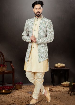 Green & Golden Printed Indo Western Sherwani & Dhoti