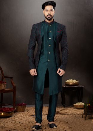 Green Mens Embroidered Indo Western Sherwani
