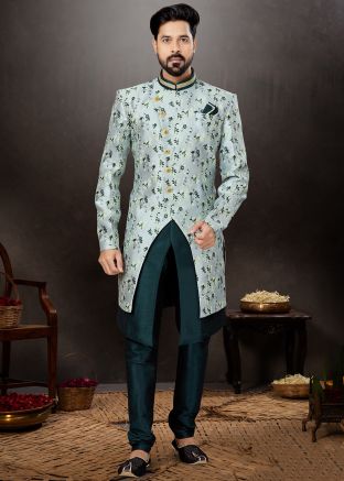 Grey & Green Woven Mens Indo Western Sherwani Set