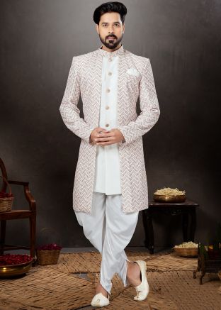 Off White Embroidered Indo Western Sherwani For Men