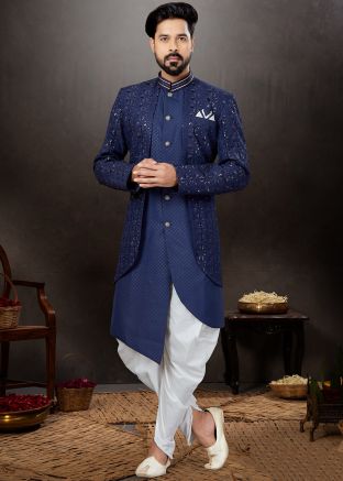 Blue Embroidered Asymmetric Indo Western Sherwani