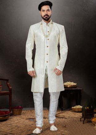Off White Embroidered Indo Western Sherwani