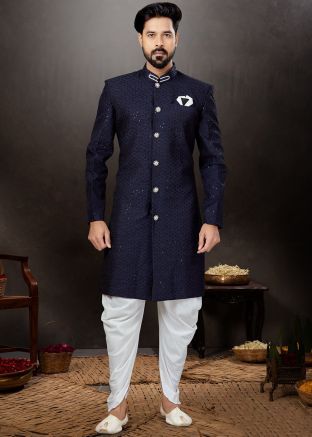 Navy Blue Embroidered Indo Western Sherwani & Dhoti
