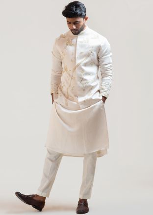 Readymade Cream Kurta Pajama With Nerhu Jacket