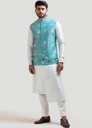 Blue Asymmetric Kurta Pajama With Embroidered Jacket