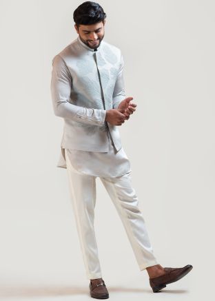 Grey Mens Kurta Pajama Set & Nehru Jacket