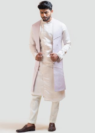 Cream Mens Asymmetric Kurta & Embroidered Jacket
