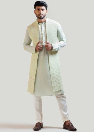 Green Chikankari Embroidered Kurta Pajama & Jacket