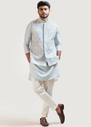 Blue Mens Kurta Pajama With Embroidered Jacket