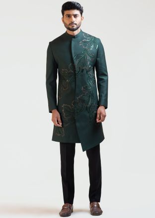 Green Embroidered Mens Indo Western Sherwani