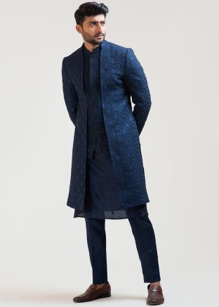 Blue Embroidered Indo Western Sherwani Set
