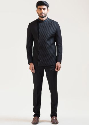 Black Pintucks Detailed Bandhgala Jodhpuri Suit