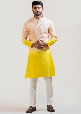 Shaded Peach & Yellow Embroidered Kurta Pajama Set