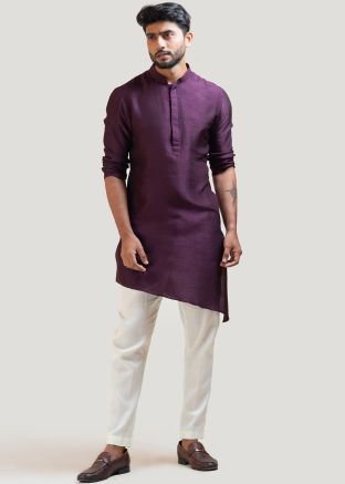 Purple Asymmetric Art Silk Kurta Pajama Set
