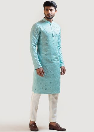 Blue Mirror Embroidered Kurta With Pajama
