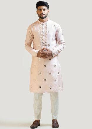 Pink Mirror Embellished Kurta Pajama In Art Silk