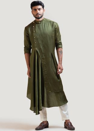 Green Drape Style Kurta Pajama In Satin