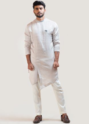 Cream Asymmetric Embroidered Kurta With Pajama