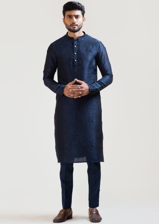 Navy Blue Embroidered Mens Kurta Pajama