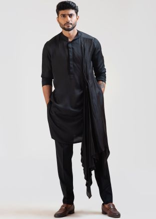Black Draped Mens Kurta & Pajama Set