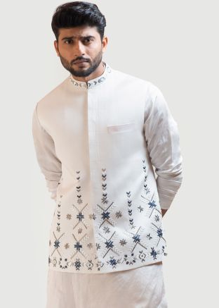 Cream Embroidered Nehru Jacket For Men