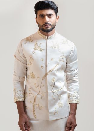 Cream Readymade Embroidered Nehru Jacket