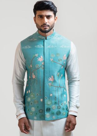 Blue Embroidered Mens Nehru Jacket