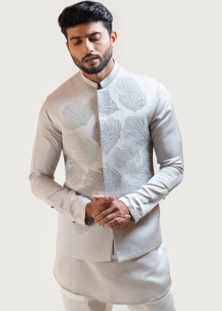 Grey Mens Embroidered Nehru Jacket