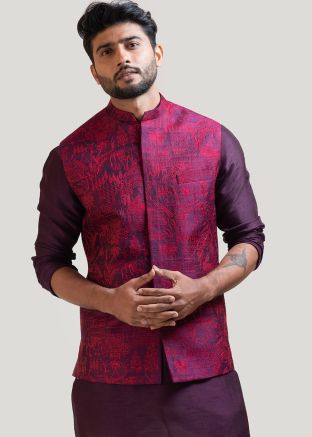 Purple Embroidered Nehru Jacket For Men