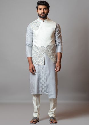 Grey Asymmetric Kurta Pajama With Jacket