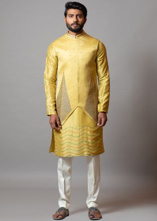 Yellow Arts Silk Embroidered Kurta Pajama With Jacket